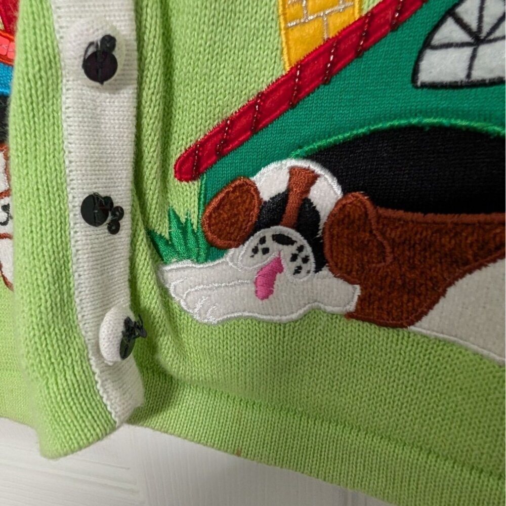 Vintage Bobbie Bell Dog Cardigan Womens Size Large Green Embellished Sweater - Picture 9 of 15
